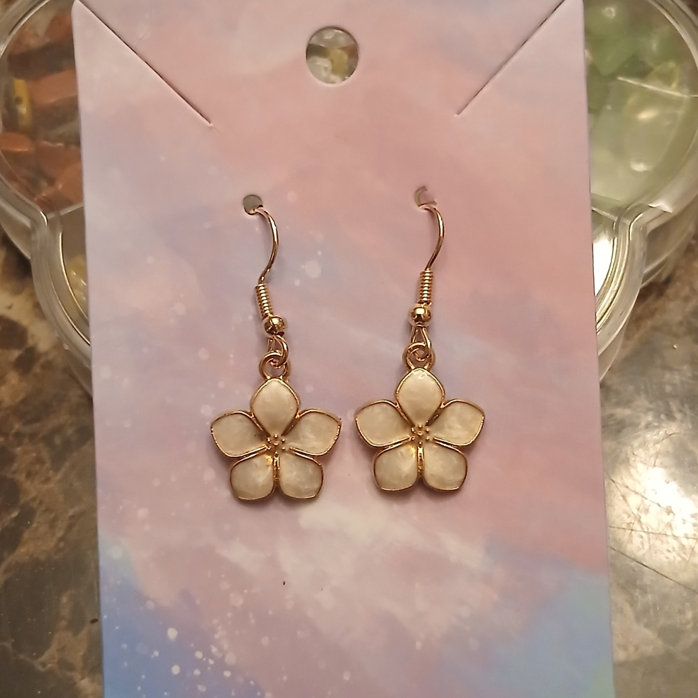 Gold-Plated White Floral Drop Earrings - Women Jewelry